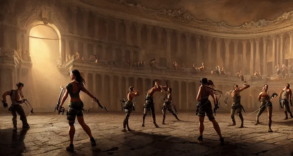 Prompt: lara croft exploring an italian opera house with numerous musclebound goons patrolling the area, by wlop and greg rutkowski, extremely detailed shading, concept art, digital painting, trending on artstation, unreal engine 5, octane render, atmosphere, lens flare, glow, cinematic lighting, full of color