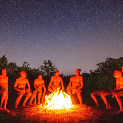 Image similar to an australopithecus tribe gathering, pointing to the stars, fire pit, ambient lighting, orange pallete, anatomically correct, beautiful starry skies, 4k photo,