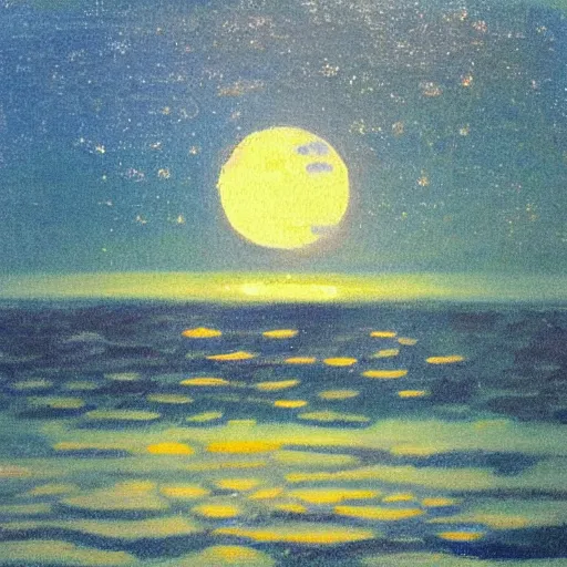 Image similar to of a full moon night, there is a silhouette of a perfect female girl by the window looking into the sea where you can see the refletion of the moon on the water, impressionist style