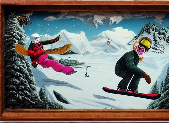 Image similar to snowboarding into another dimension, lowbrow, matte painting, 3 - d highly detailed, in the style of mark ryden,