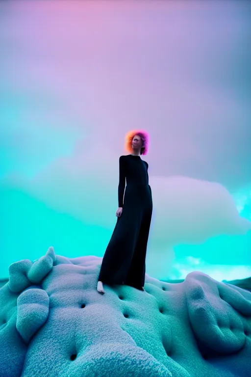 Image similar to high quality pastel coloured film close up wide angle photograph of a model wearing clothing resting on cloud furniture in a icelandic black rock!! environment in a partially haze filled dreamstate world. three point light, rainbow. photographic production. art directed. pastel colours. volumetric clouds. pastel gradient overlay. waves glitch artefacts. extreme facial clarity. 8 k. filmic.