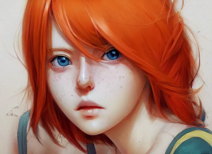 Image similar to portrait Anime Girl with orange hair and freckles, green eyes fine face pretty face, realistic shaded Perfect face, fine details. Anime. by katsuhiro otomo magali villeneuve, artgerm, rutkowski Jeremy Lipkin and Giuseppe Dangelico Pino and Michael Garmash and Rob Rey