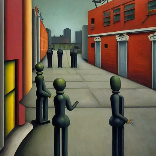 Image similar to drab human workers, guarded by rusty robot overlords, brutalist city street, cloudy, raining, dystopian, pj crook, edward hopper, oil on canvas