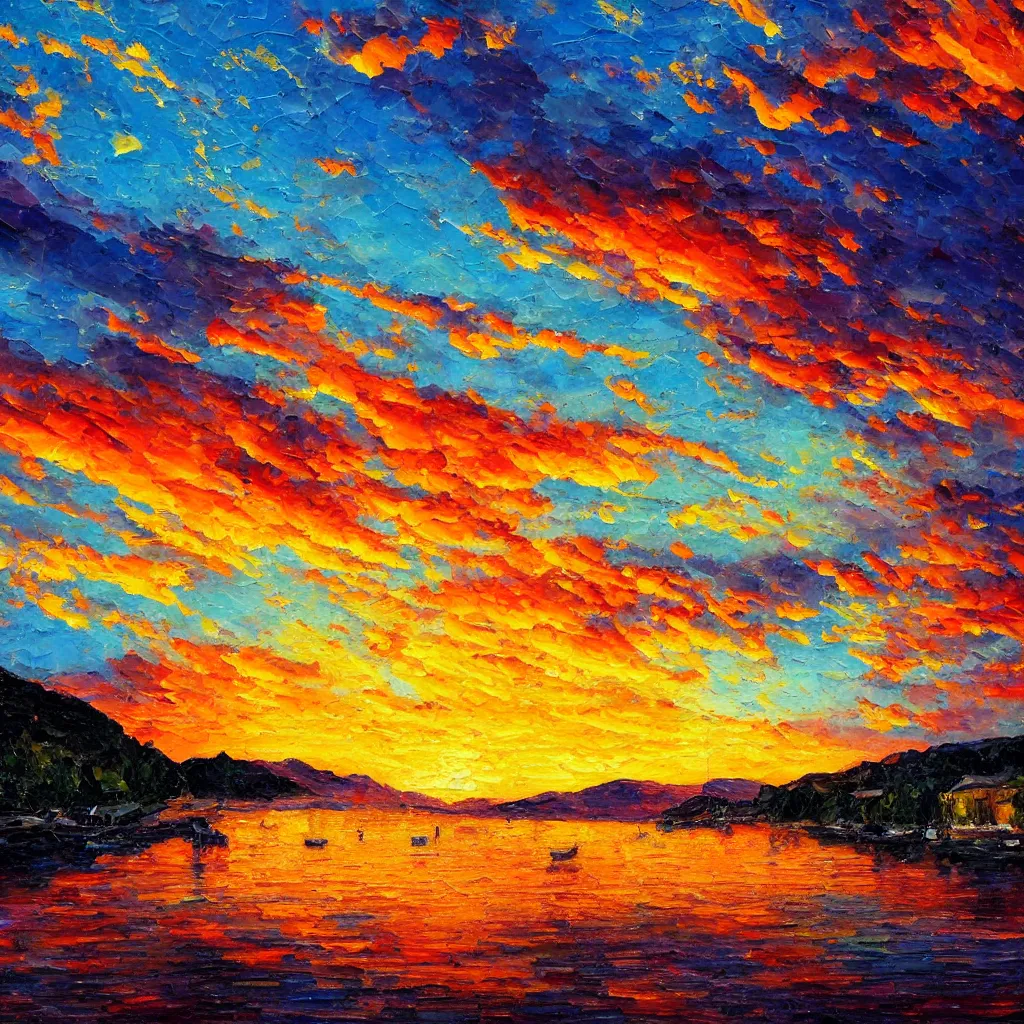 Prompt: an impasto oil painting of a stunning, colorful sunset over ratisbona painted by ken hong leung