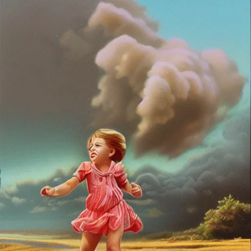 Image similar to a disappearing running child disappearing into vapor, mist, smoke, scissors in hand, sharp scissor blades, a detailed matte painting by John Philip Falter