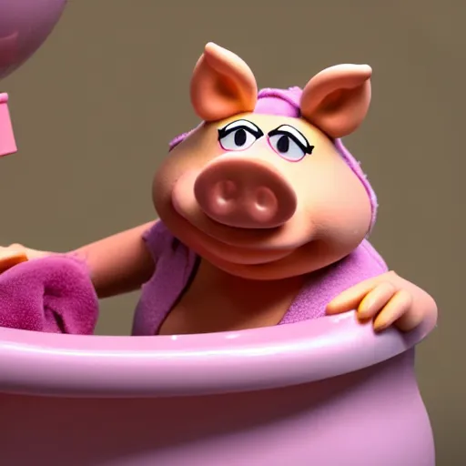 Image similar to miss piggy drunk on wine in the bathtub, hyper realistic, 8k resolution, very detailed