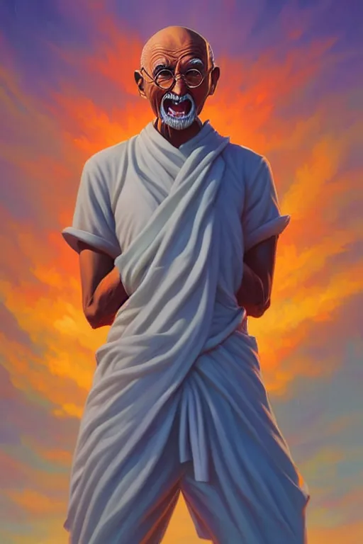 Prompt: portrait of crazed!!! nuclear!!!!!! ghandi!! statue by artgerm, rhads