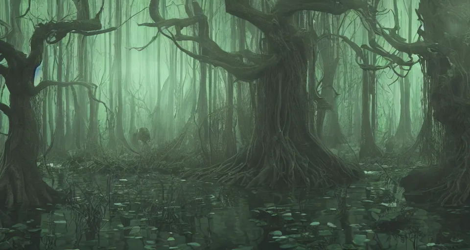 Image similar to A dense and dark enchanted forest with a swamp, by schizophrenia patient