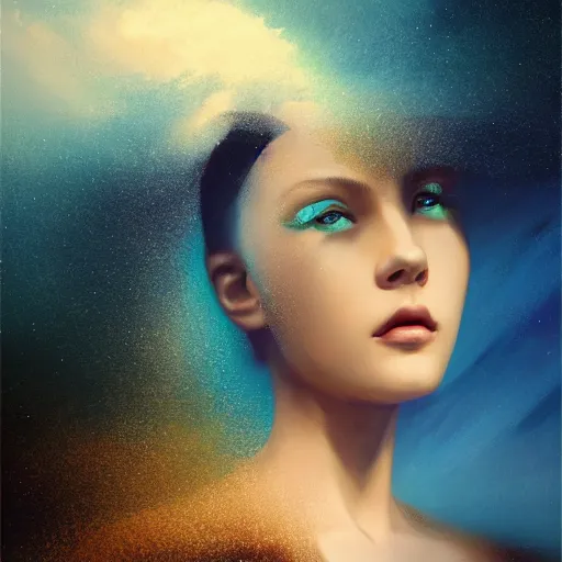 Prompt: 3 d, sci - fi, close - up, night, fashion model face, moon rays, cinematic, clouds, vogue cover style, blue mood, realistic painting, intricate oil painting, high detail illustration, figurative art, multiple exposure, poster art, 3 d, by tooth wu and wlop and beeple and greg rutkowski