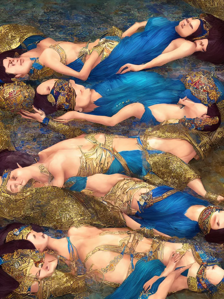 Prompt: beautiful female ancient Egyptian goddesses lying down asleep together next to the river Nile, blue lotus flowers grow around them as they sleep peacefully, intoxicated by the perfume, by Marc Simonetti