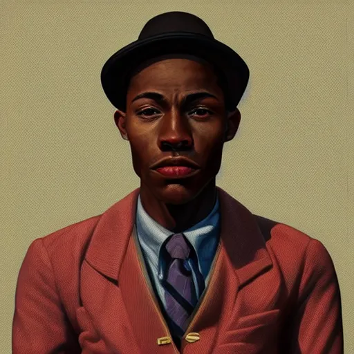 Image similar to A Hearts of Iron IV portrait of an African American young man with high cheekbones. Good bone structure. Dressed in 1940s style. Highly detailed, fine Art, high detail, great lighting, 8k resolution, masterpiece, concept art, illustration, clear eyes, painting oil on canvas, octane render, HDR, trending on artstation, 4k, 8k, HD