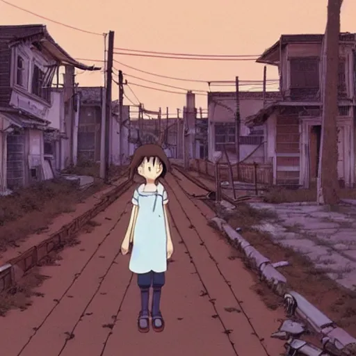 Image similar to ghost of a young girl, a burnt out town, cel shaded, studio ghibli, hayao miyazaki