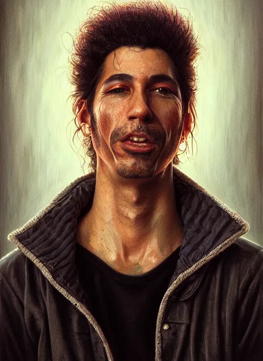 Prompt: a detailed painted portrait of an 9 0's era rock musician by artist hadi karimi, wlop, artgerm, greg rutkowski, slightly happy facial expression, dramatic lowkey studio lighting, accurate skin textures, hyperrealism, aesthetically pleasing and harmonious vintage colors