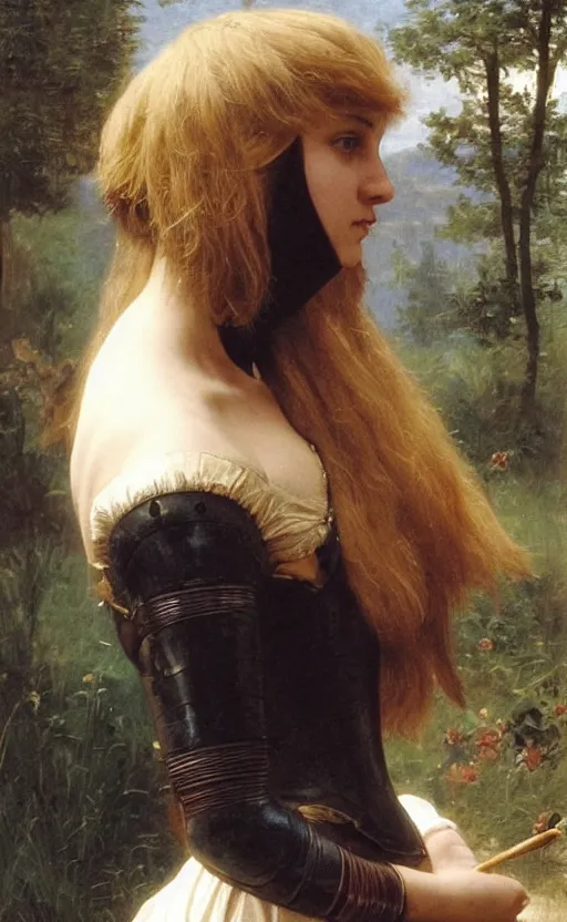 Image similar to annasophia robb bowl haircut medieval armour, bouguereau