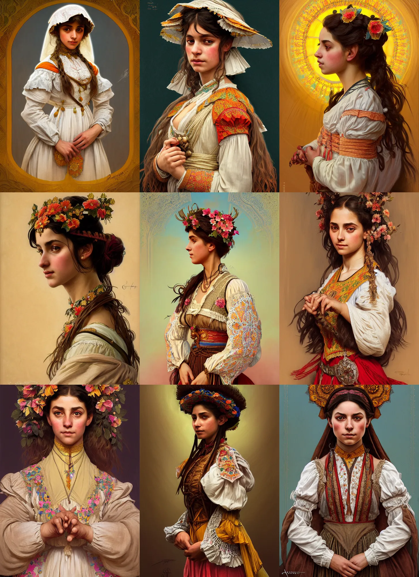 Prompt: symmetry!! portrait of 1 5 0 0 andalusian girl in historical flowery gipsy costume, historical, intricate, highly detailed, dynamic lighting, digital art, digital painting, artstation, wlop, sharp focus, illustration, art by artgerm and greg rutkowski and alphonse mucha, 8 k