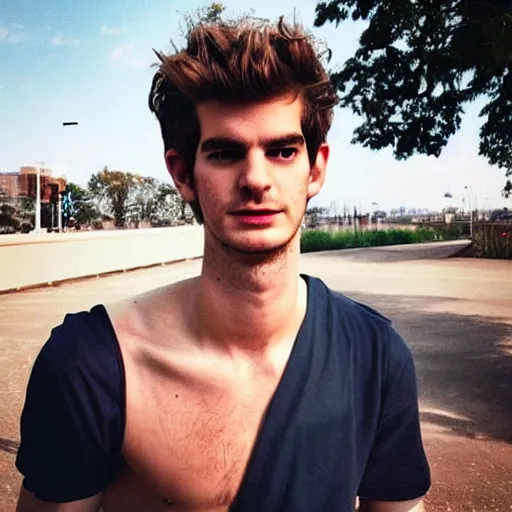 Image similar to “a realistic detailed photo of a guy who is an attractive humanoid who is half robot and half humanoid, who is a male android, Andrew Garfield, shiny skin, posing like a statue, blank stare”