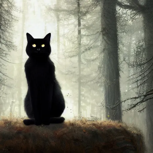 Prompt: a black cat seated and looking curiously, front light, there is a forest in the background, texture, intricate, details, highly detailed, greg rutkowski style, masterpiece, architecture, building, trending on artstation, focus, sharp focus, concept art, digital painting, fantasy, sunny, day, golden hour