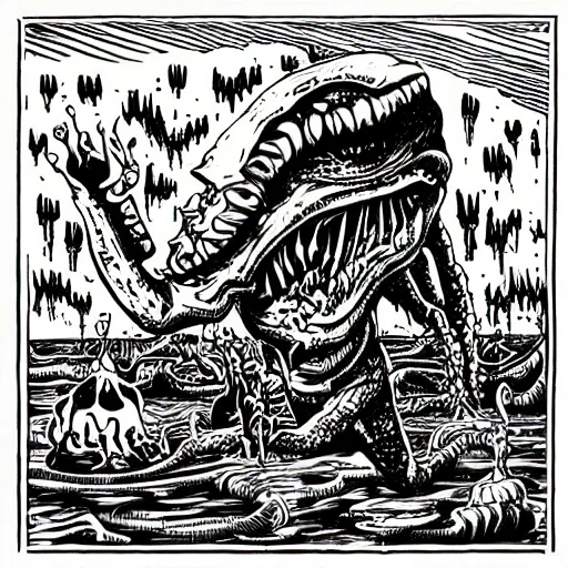 Prompt: Pop-Wonder-NFT alien-meat swamp-bog monster wading through the goopy-muck and slithering about the castle side delights on a melted cheesy day in a hand-drawn vector, svg, cult-classic-comic-style