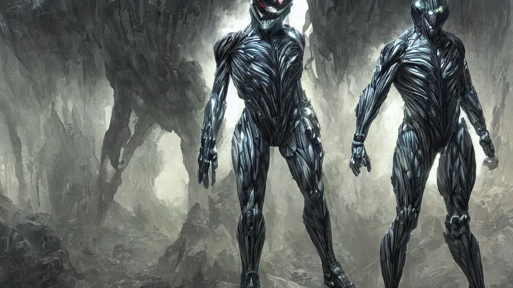 Prompt: a human wearing crysis nanosuit with powerful biological muscle augmentation, head visible, post - apocalyspe settlement with houses, hydroponic farms, cave entrance, at dawn, painted by tsutomu nihei, painted by artgerm and greg rutkowski