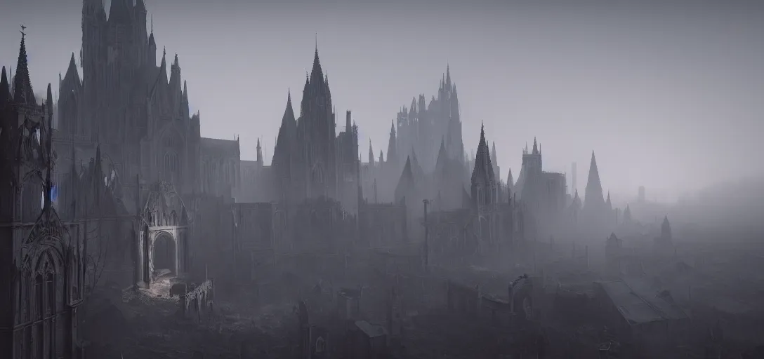 Image similar to view of an abandoned gothic city at day, castles, fog, cinematic lighting, ultra detailed, sharp, ambient occlusion, raytracing, by greg rutowski, paul chadeisson and jessica rossier