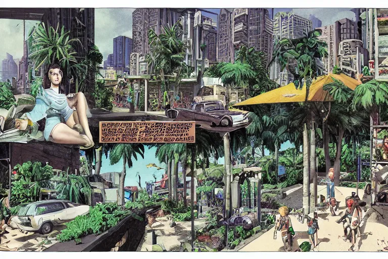 Prompt: full page comic book drawings of desolate city scenes urban jungle zoo on a hot summer evening, tropical color palette, by carel willink and gregory crewdson, moebious, jean giraud, comic book panels, octane render