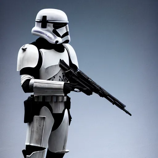 Image similar to an imperial stormtrooper walking, full body photography, extremely long shot, long shot, full-length, head-to-toe, concept art by Doug Chiang cinematic, realistic painting, high definition, concept art, the Mandalorian concept art style