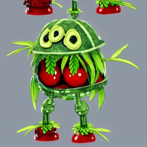 Image similar to cute robot made of plants wearing tomato hat and a chive sword, made in abyss style