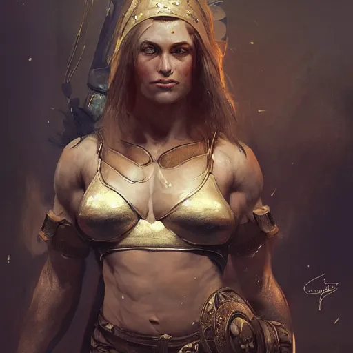 Image similar to proud muscular female turkish warrior, portrait by Cedric Peyravernay, highly detailed, excellent composition, cinematic concept art, dramatic lighting, trending on ArtStation