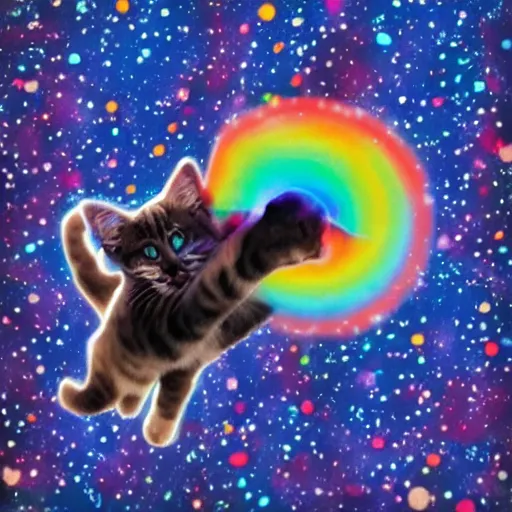 Image similar to cat with a poptart body flying through space pooping rainbows