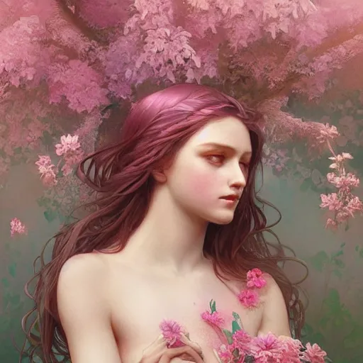 Prompt: goddess, goddess of flowers, pinkish hair, antheia, greek, intricate, elegant, ethereal, highly detailed, digital painting, artstation, concept art, smooth, sharp focus, illustration, art by artgerm and greg rutkowski and alphonse mucha