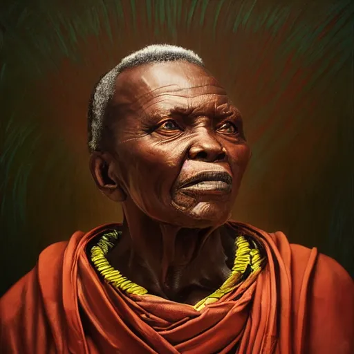 Image similar to a painting of a wise elder from Kenya by Kehinde Wiley . dramatic angle, ethereal lights, details, smooth, sharp focus, illustration, realistic, cinematic, artstation, award winning, rgb , unreal engine, octane render, cinematic light, macro, depth of field, blur, red light and clouds from the back, highly detailed epic cinematic concept art CG render made in Maya, Blender and Photoshop, octane render, excellent composition, dynamic dramatic cinematic lighting, aesthetic, very inspirational, arthouse.