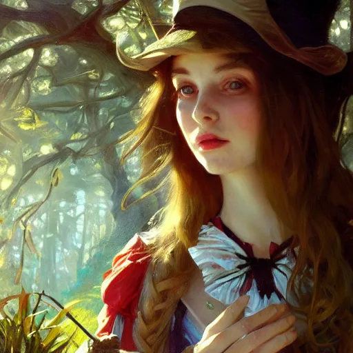 Prompt: close up portrait of alice in wonderland, magical forest, dramatic lighting, high detail, painted, by greg rutkowski, painted by stanley artgerm, painted by alphonse mucha, trending on artstation