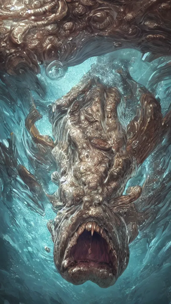 Prompt: ultra realist and ultra intricate detailed soft painting of an ancient creature angry boss in the ocean underwater environment, reflections, focus, detailed, realistic eyes, horizontal partial symmetry features proportions, intricate facial skin details, award winning, trending in cgsociety artstation deviant art, octane render