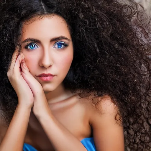 Prompt: A young beautiful woman with long black curly hair, brown eyes, wearing a blue dress, 4k, photorealist, DSLR photograph