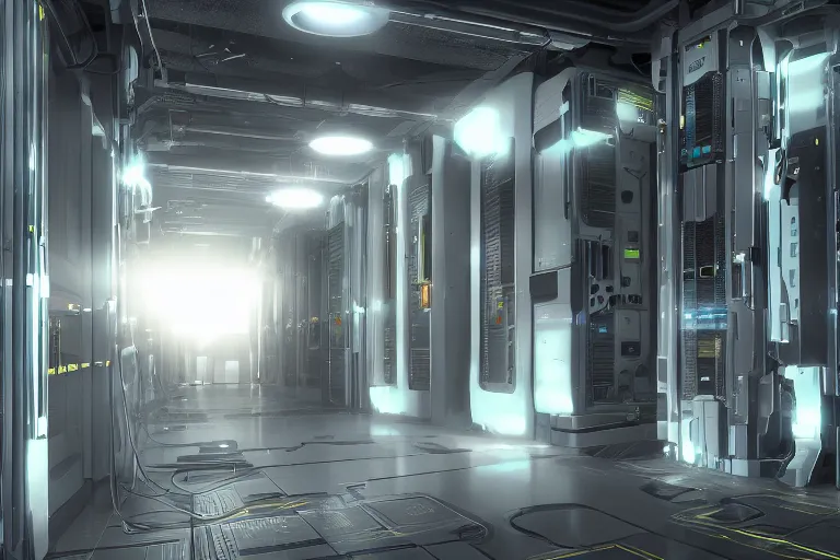 Image similar to parallax datacenter server room single mono colossus white rusty android robosaurus guard in artstation cinematic detailed concept art volumetric light sharp coherent cgsociety symmetric perfect server equipment