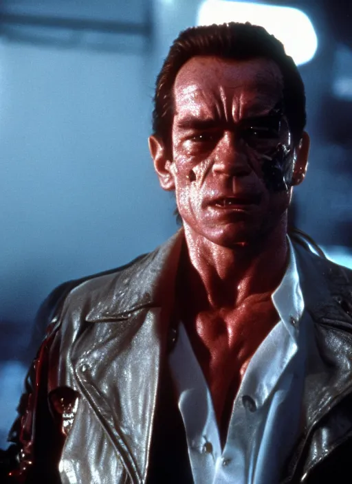 Image similar to film still of Tommy Lee Jones as The Terminator in The Terminator, 4k