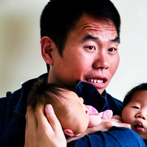 Prompt: a shocked asian man holding his newborn black baby