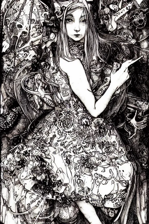 Image similar to Stoner Alice in wonderland tarot card , pen and ink, intricate line drawings, by Yoshitaka Amano, Ruan Jia, Kentaro Miura, Artgerm, watercolor