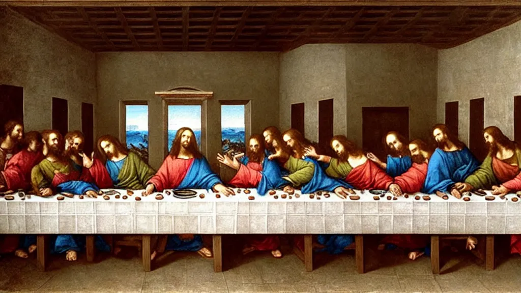 Image similar to the last supper by da vinci but jesus and his disciples are all dabbing