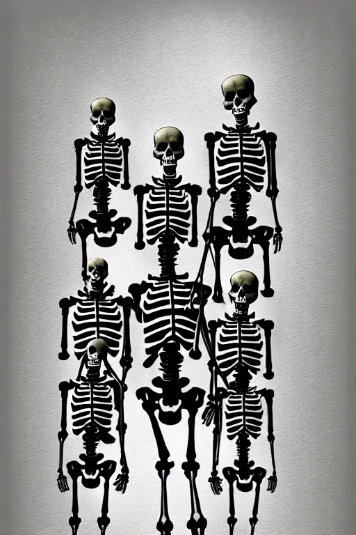 Prompt: a detailed concept art polaroid photograph of skeletons wearing clothes, at a park, skeleton family, waving at the camera, bones, polaroid photograph, featured on artstation, featured on behance, featured on illustrationx, featured on conceptartworld, cinematic, cinematic lighting, outdoor, concept art, landscape composition, f 2. 4, vibrant colors