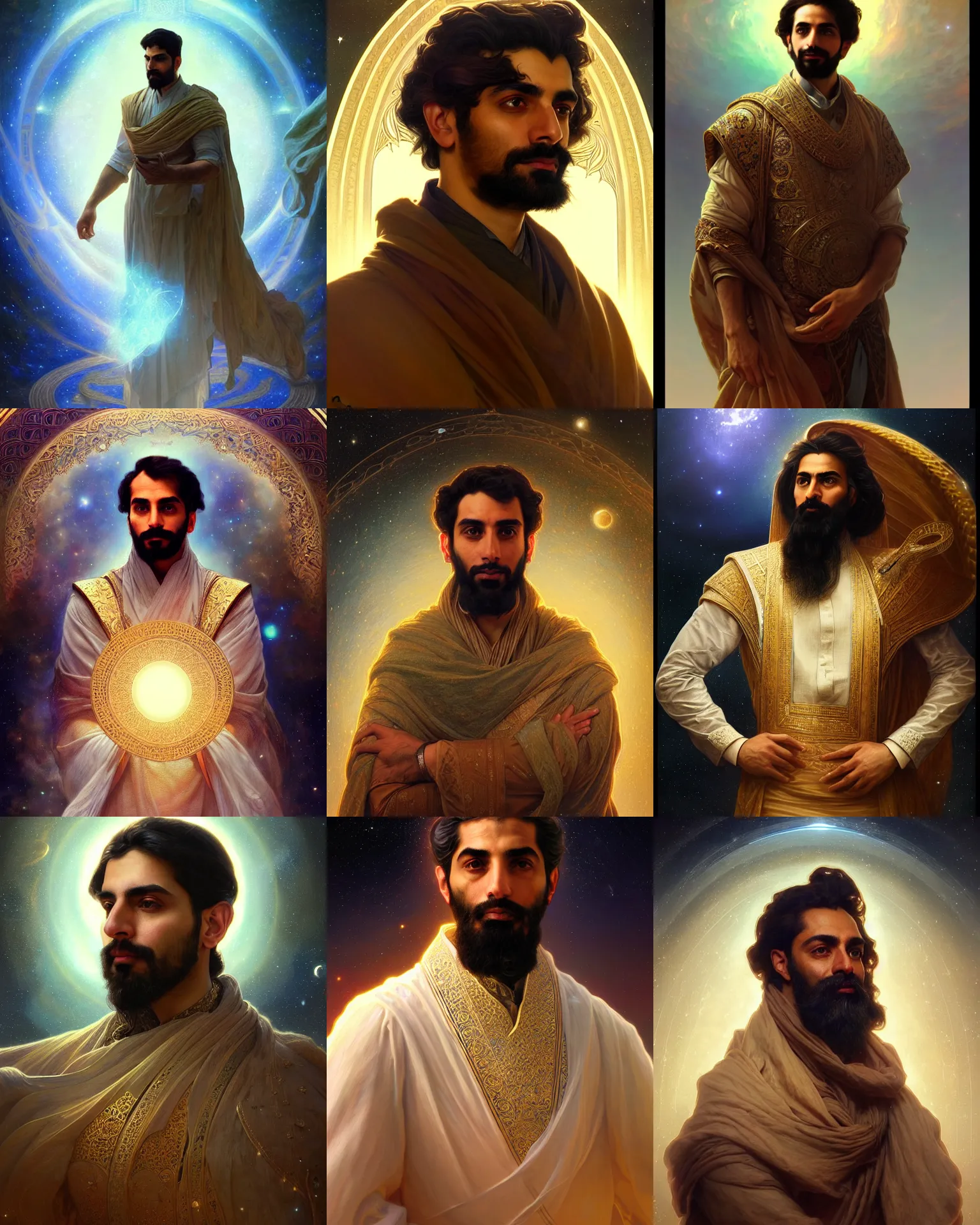 Prompt: portrait of a Persian architect and astronomer, handsome man, heroic pose, dramatic lighting, volumetric lighting, intricate, highly detailed, digital painting, artstation, concept art, smooth, sharp focus, illustration, art by artgerm and greg rutkowski and alphonse mucha, footage from space camera