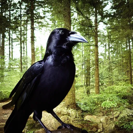 Prompt: anthropomorphic crow standing upright, photograph captured in a forest