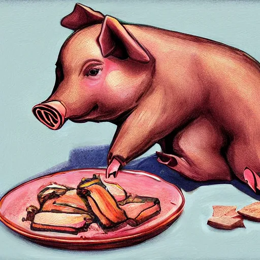 Prompt: A pig eating pork ribs, digital art