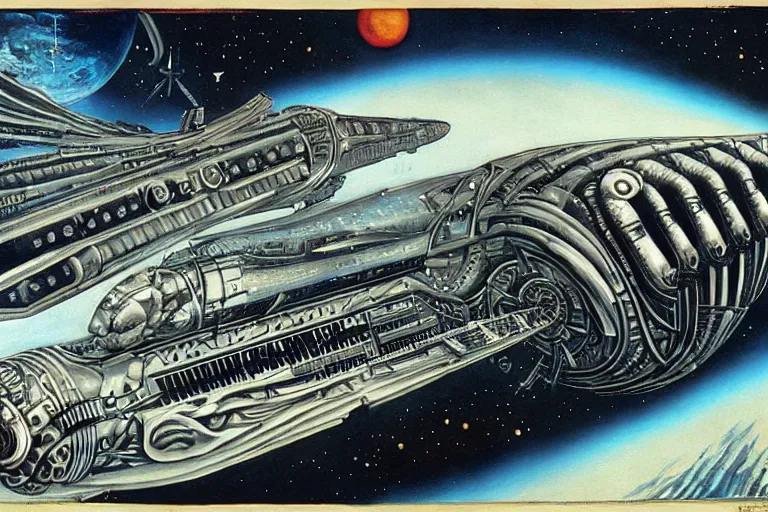 Prompt: atompunk space ship sailing the infinite cosmos, grand scale, raygun gothic style, painting by h. r. giger