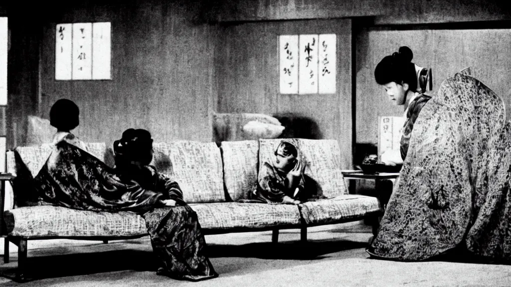 Image similar to shadow of a monstrous starfish is seen behind a woman in hanbok sitting on a couch, traditional korean interior, in. rashomon a kaiju - eiga monster movie by akira kurosawa and ishiro honda
