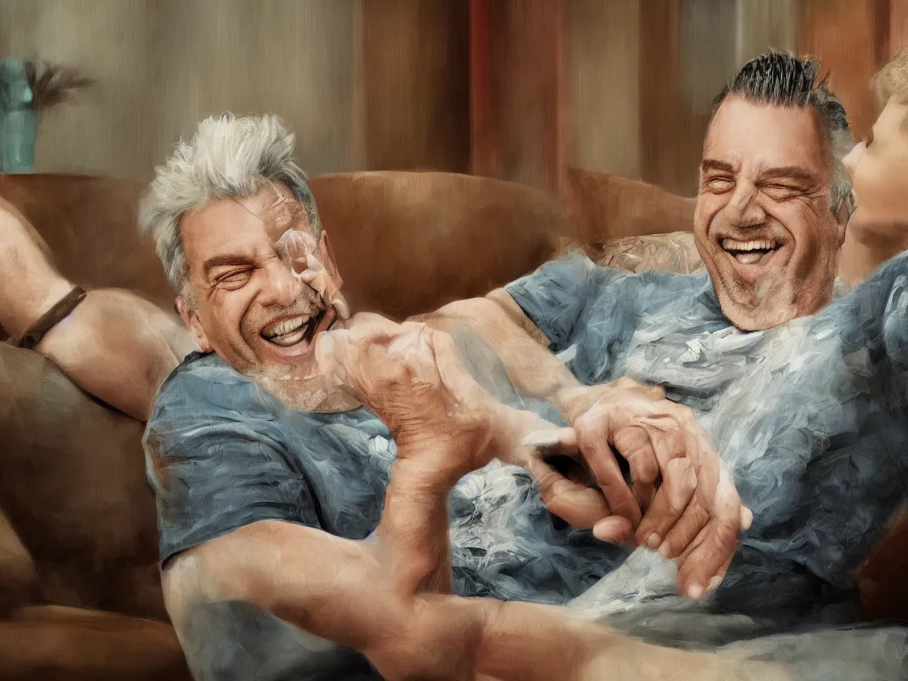 Image similar to extremely detailed digital painting of till lindemann sits on the couch with grandmother both laughing by handoga, stunning scene, 4 k, realism, bright colors, trending on artstation