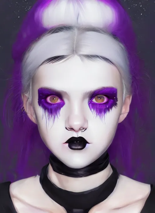 Image similar to portrait of white teenage girl, normal face, white bangs, mall goth, cyberlox, black and white hair, bangs, fluffy bangs, red contact lenses, purple lipstick, intricate, elegant, highly detailed, digital painting, artstation, concept art, sharp focus, smooth, illustration, art by wlop, mars ravelo and greg rutkowski