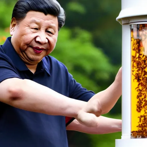 Prompt: A high quality photograph Xi Jinping sticking his hand in a honey jar, 85mm