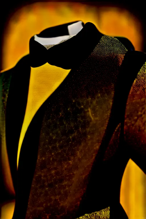 Image similar to black leather and embroidered Lolita dapper bespoke avant-garde tuxedo in velvet, black and gold rich color, dramatic cinematic lighting, featured on Artstation, extremely detailed by Lisa Frank