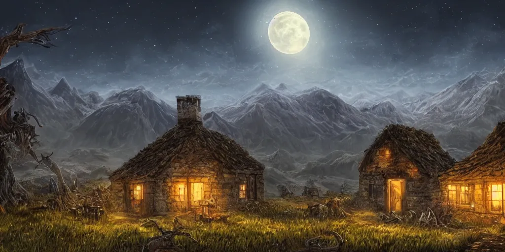 Image similar to Skeleton infested fields with large mountains in the distance, small cottage in the foreground, nighttime, moon in the night sky, landscape wallpaper, d&d art, fantasy, painted, 4k, high detail, sharp focus